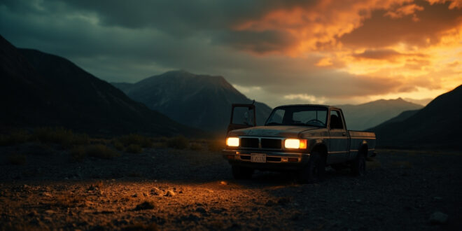 Empty pickup truck with headlights on parked near mountain trailhead in overcast lighting