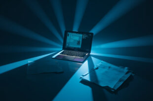 Dark laptop screen with chat interface glowing in empty room with legal papers on desk