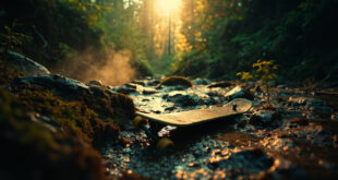 Abandoned skateboard discovered on muddy ground near rocky ravine edge in deep forest with shallow creek