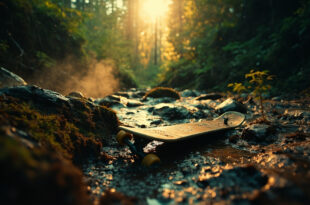 Abandoned skateboard discovered on muddy ground near rocky ravine edge in deep forest with shallow creek