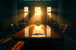 Unsigned peace treaty documents on mahogany table in abandoned White House meeting room at twilight, empty podium nearby