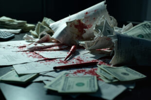 Torn congressional budget documents with red ink markings and calculator showing billion dollar cuts