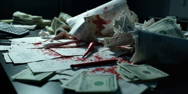 Torn congressional budget documents with red ink markings and calculator showing billion dollar cuts