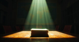 Ultimatum documents and unsigned peace treaty on empty mahogany table in abandoned diplomatic conference room