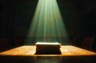 Ultimatum documents and unsigned peace treaty on empty mahogany table in abandoned diplomatic conference room