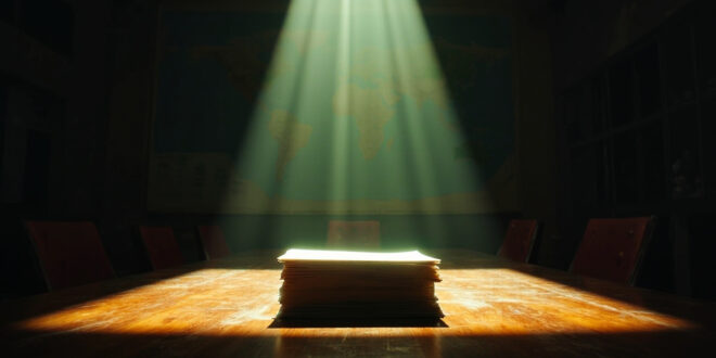 Ultimatum documents and unsigned peace treaty on empty mahogany table in abandoned diplomatic conference room