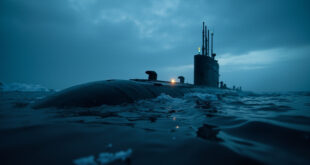 Unmanned nuclear submarine emerges from dark Arctic waters at twilight, breaking the surface in an ominous display
