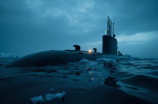 Unmanned nuclear submarine emerges from dark Arctic waters at twilight, breaking the surface in an ominous display