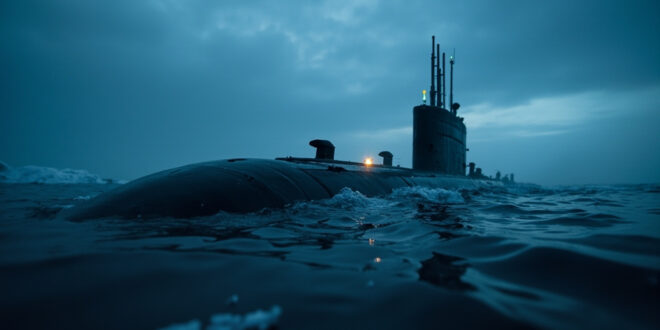 Unmanned nuclear submarine emerges from dark Arctic waters at twilight, breaking the surface in an ominous display