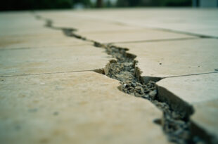 Close-up view of cracked limestone patio stone showing deep gash damage in White House Rose Garden construction