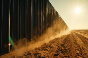 Tall black-painted border wall structure spanning across an empty desert landscape in harsh sunlight