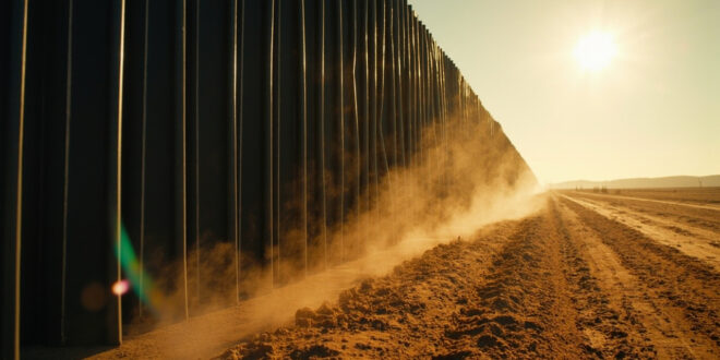 Tall black-painted border wall structure spanning across an empty desert landscape in harsh sunlight