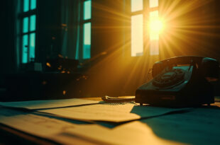 Classic telephone beside peace treaty documents on polished desk in empty diplomatic office at dawn