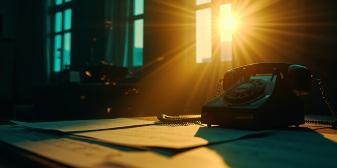 Classic telephone beside peace treaty documents on polished desk in empty diplomatic office at dawn