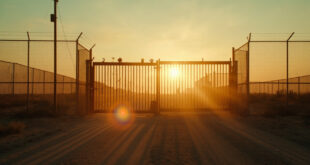 Abandoned border barrier with locked metal gates at an empty US-Mexico crossing point at dawn in a desolate desert landscape