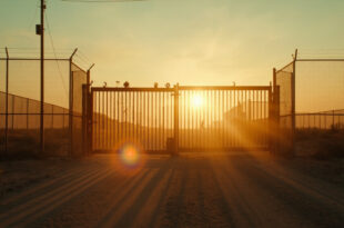 Abandoned border barrier with locked metal gates at an empty US-Mexico crossing point at dawn in a desolate desert landscape