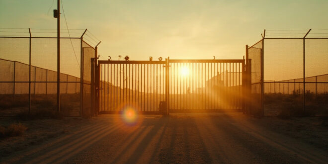 Abandoned border barrier with locked metal gates at an empty US-Mexico crossing point at dawn in a desolate desert landscape