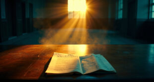 Open Constitution with highlighted 22nd Amendment on mahogany desk in empty government office bathed in morning light