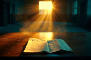 Open Constitution with highlighted 22nd Amendment on mahogany desk in empty government office bathed in morning light