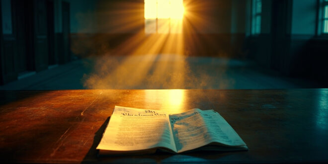 Open Constitution with highlighted 22nd Amendment on mahogany desk in empty government office bathed in morning light