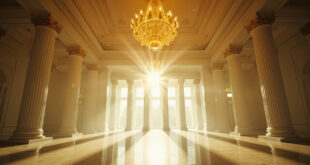 Empty grand ballroom in White House with ornate golden chandeliers hanging above marble floors during renovation unveiling