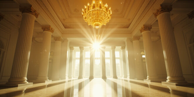 Empty grand ballroom in White House with ornate golden chandeliers hanging above marble floors during renovation unveiling