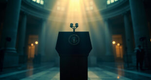 Empty presidential podium with the presidential seal illuminated by dawn light in the vacant Capitol rotunda