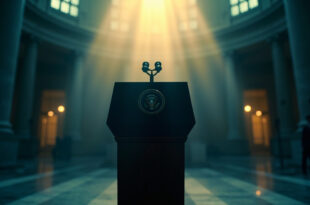 Empty presidential podium with the presidential seal illuminated by dawn light in the vacant Capitol rotunda