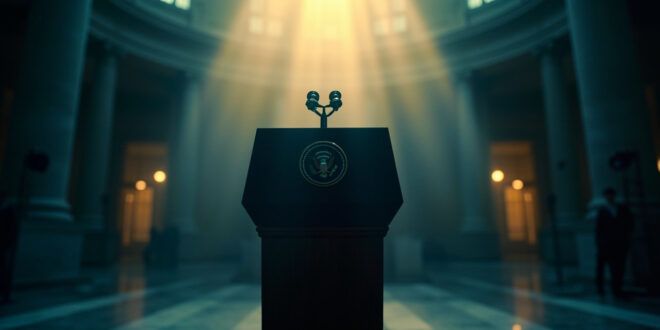 Empty presidential podium with the presidential seal illuminated by dawn light in the vacant Capitol rotunda
