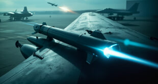 Military aircraft with cruise missile mounted under wing on airfield with missile systems in background