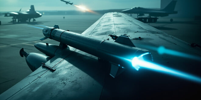 Military aircraft with cruise missile mounted under wing on airfield with missile systems in background