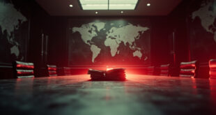 Empty negotiation table with unsigned documents and territorial maps in austere conference room before summit