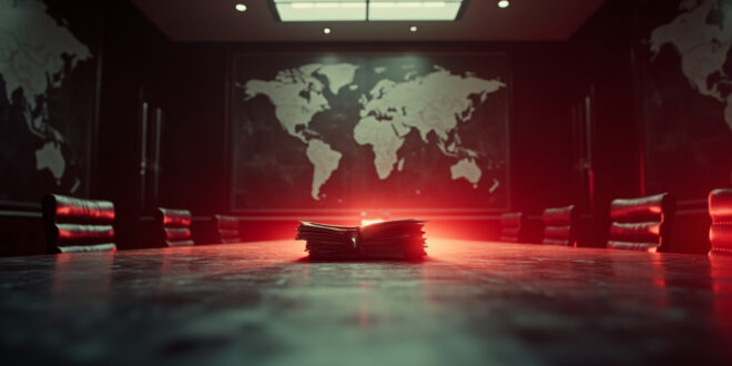 Empty negotiation table with unsigned documents and territorial maps in austere conference room before summit