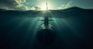 Nuclear submarine emerging from dark ocean waters at dawn, periscope breaking the surface with steel gray silhouette against deep blue