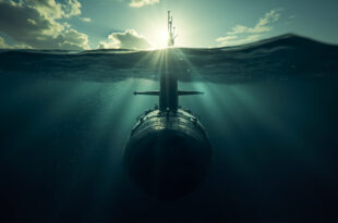Nuclear submarine emerging from dark ocean waters at dawn, periscope breaking the surface with steel gray silhouette against deep blue