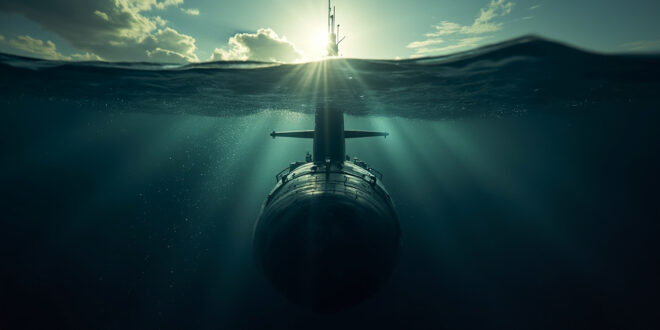 Nuclear submarine emerging from dark ocean waters at dawn, periscope breaking the surface with steel gray silhouette against deep blue
