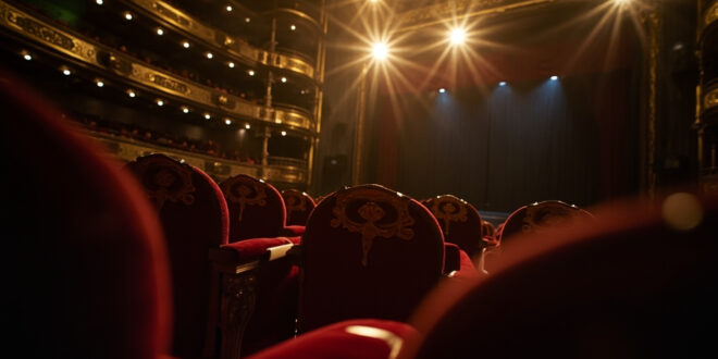 Empty ornate theater with red velvet seats and gold accents facing a darkened stage with closed curtains in a grand concert hall