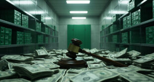 Stacks of currency and official budget documents arranged on metal government shelving in stark institutional lighting