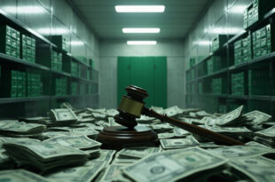 Stacks of currency and official budget documents arranged on metal government shelving in stark institutional lighting