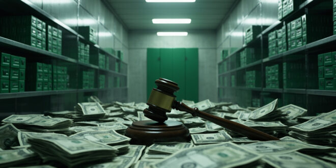Stacks of currency and official budget documents arranged on metal government shelving in stark institutional lighting