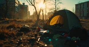 Abandoned tent and scattered personal belongings in a deserted urban park at dawn, evidence of displacement