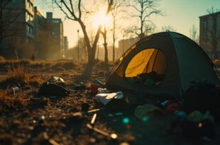 Abandoned tent and scattered personal belongings in a deserted urban park at dawn, evidence of displacement
