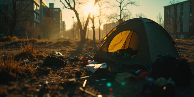 Abandoned tent and scattered personal belongings in a deserted urban park at dawn, evidence of displacement