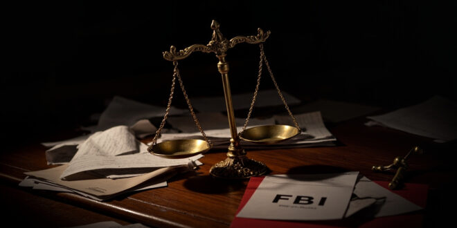 Tilted scales of justice on dark desk surrounded by scattered legal documents and government folders in dramatic lighting