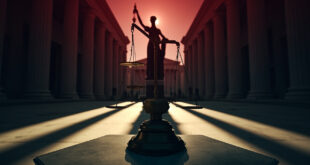 Bronze scales of justice on marble pedestal before imposing courthouse columns in dramatic lighting