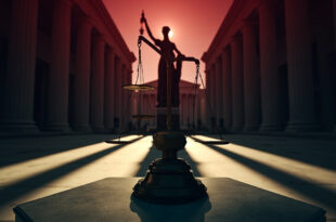 Bronze scales of justice on marble pedestal before imposing courthouse columns in dramatic lighting
