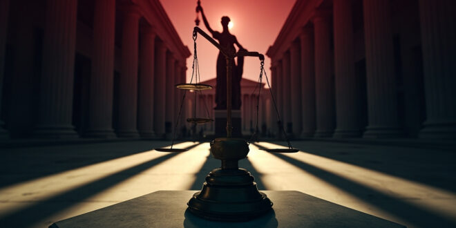 Bronze scales of justice on marble pedestal before imposing courthouse columns in dramatic lighting