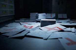 Stack of government budget papers with red rejection marks and crossed out allocations on office desk