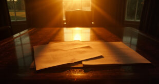 Unsigned presidential pardon documents on empty mahogany desk in the vacant Oval Office at dusk
