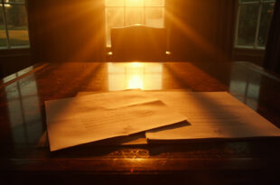 Unsigned presidential pardon documents on empty mahogany desk in the vacant Oval Office at dusk